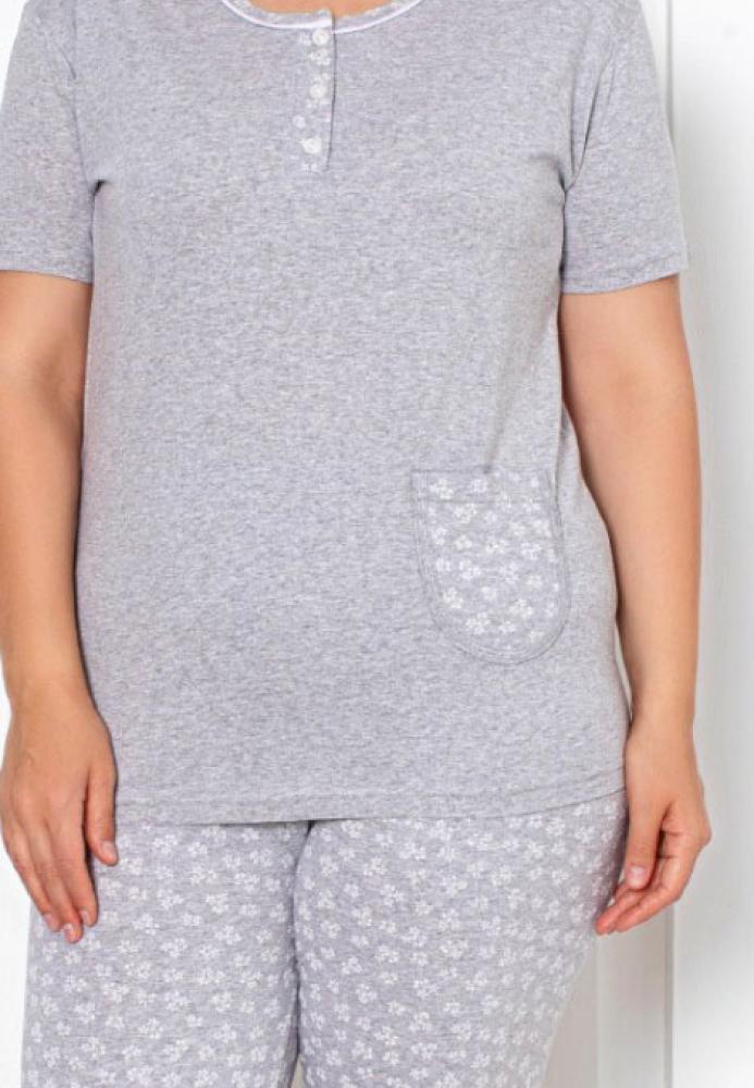 Pijama damă BIG SIZE, mânecă scurtă, pantalon 3/4, gri, Engros